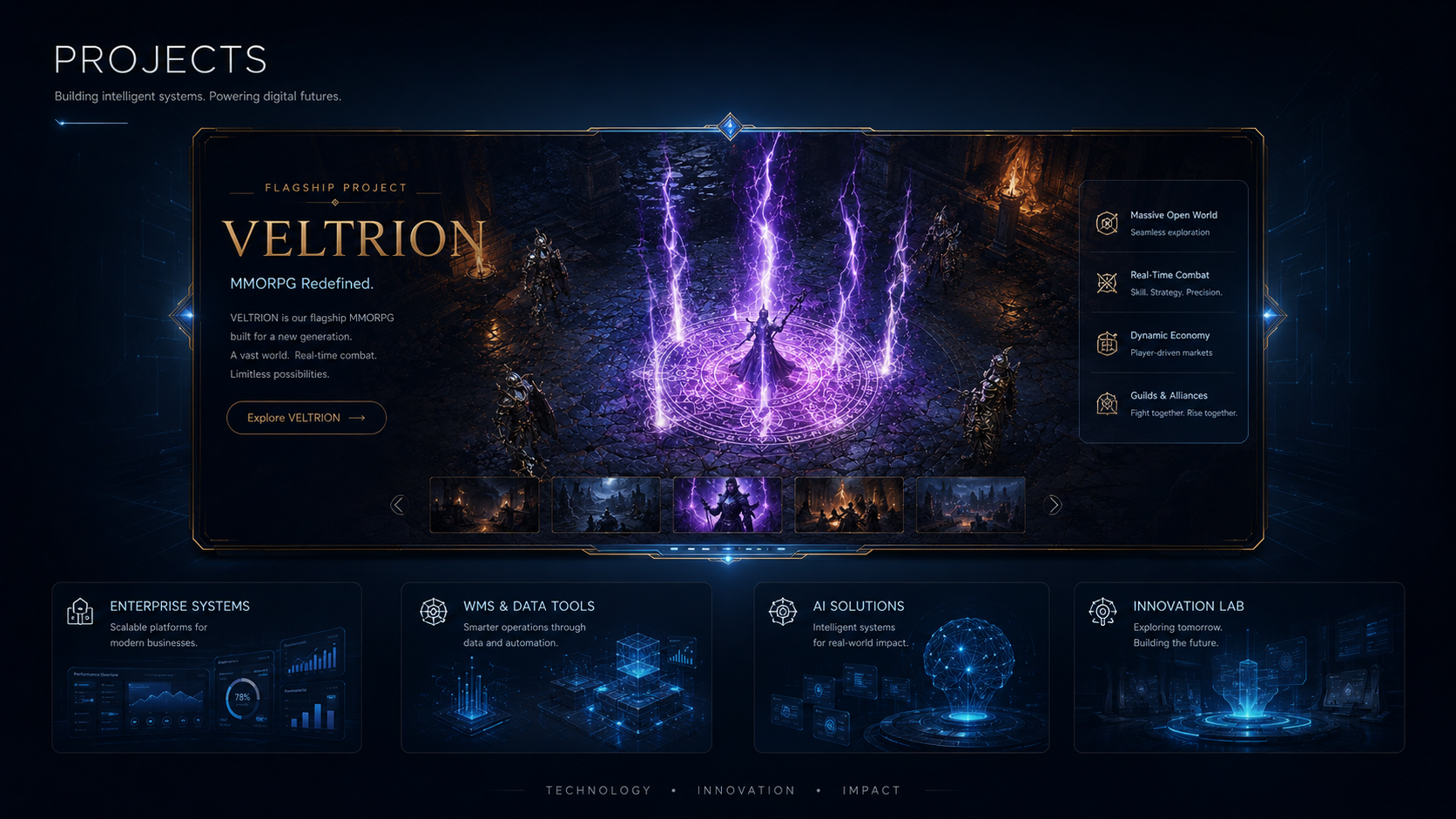 FACT Networks 자체 개발 웹 MMORPG VELTRION 실제 프로젝트 화면
